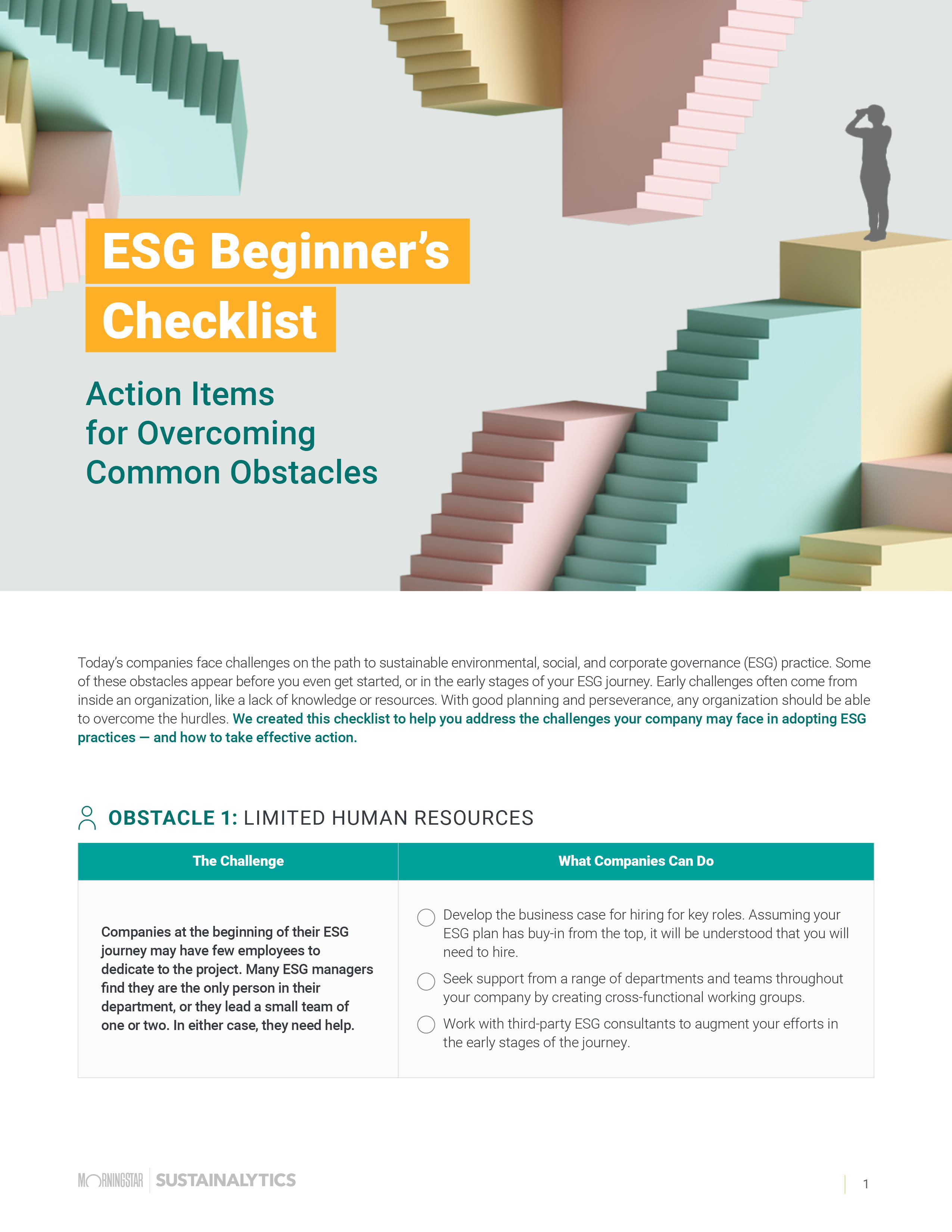 Download our ESG Beginner's Checklist to learn action items on overcoming common obstacles
