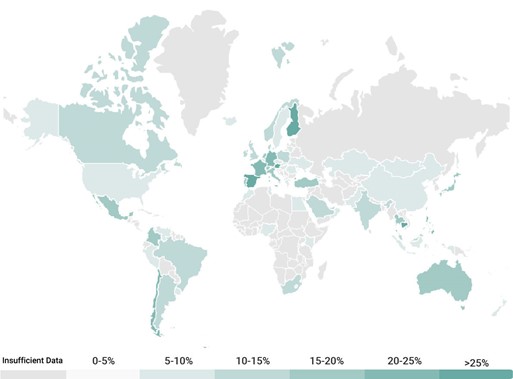 Map of Percentage of Companies Reporting on Water Withdrawal