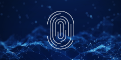 Stylized thumb print on top of field of interconnected waves of white dots on dark blue background